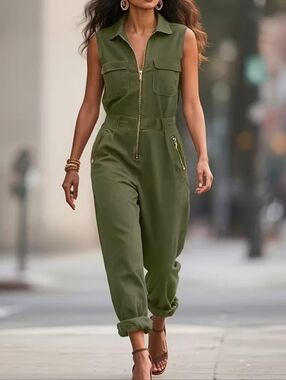 Sleeveless Olive Utility Zip Up Jumpsuit